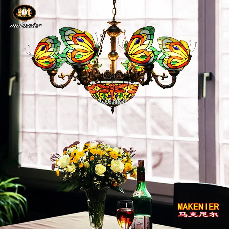 Makenier Vintage Tiffany Style Stained Glass 6 Arms Butterfly + 12 Inches Dragonfly Wrought Iron Chandelier
Makenier Vintage Tiffany Style Stained Glass 6 Arms Butterfly + 12 Inches Dragonfly Wrought Iron Chandelier