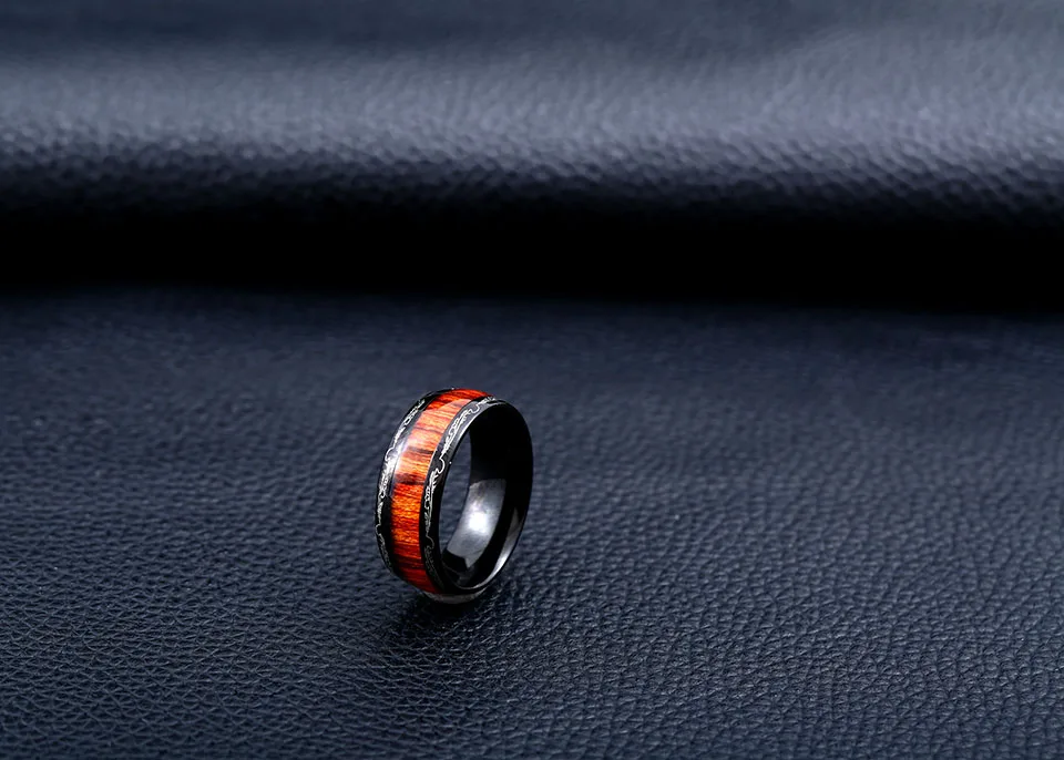 Steel soldier black ring with dark red wood inlay inside ring men unique fashion engagement jewelry 15