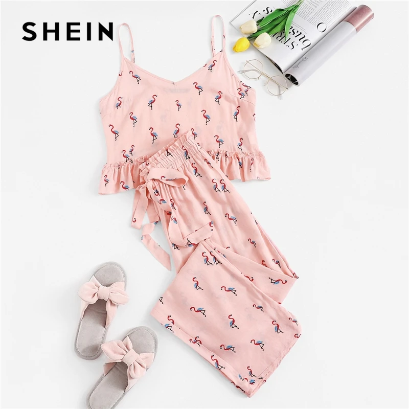 

SHEIN Pink Flamingo Print Ruffle Cami Crop Top and Drawstring Pants PJ Set Summer Women Sleeveless Belted Sleepwear Pajamas Sets