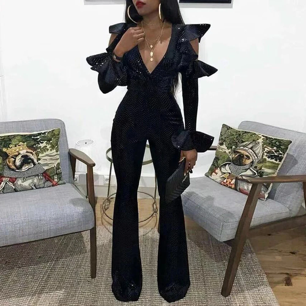 Summer Sexy Deep V Long Sleeve Flared Jumpsuits Rompers Dot Sequins Hollow Out Off The Shoulder Butterfly Sleeves
Summer Sexy Deep V Long Sleeve Flared Jumpsuits Rompers Dot Sequins Hollow Out Off The Shoulder Butterfly Sleeves