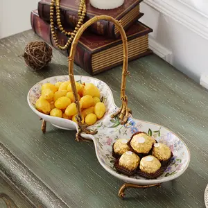 Fruit-Dish-Dish Compartment Ceramic Living-Room European-Style with Copper Dessert-Plate Fruit-Dish-Dish Compartment Ceramic Living-Room European-Style with Copper Dessert-Plate