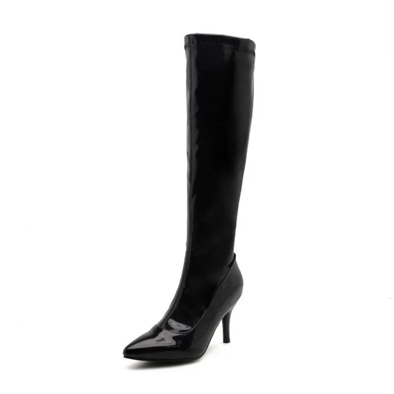 Fashion Japanned Leather Side Zip Platform High Heels Knee High Boots Sexy Steel Pipe Dance Boots Big Size 32-46 Long Boots Shoe (28)