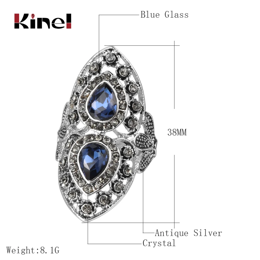 Роскошное кольцо Kinel из голубого стекла для женщин античное тибетское вечерние