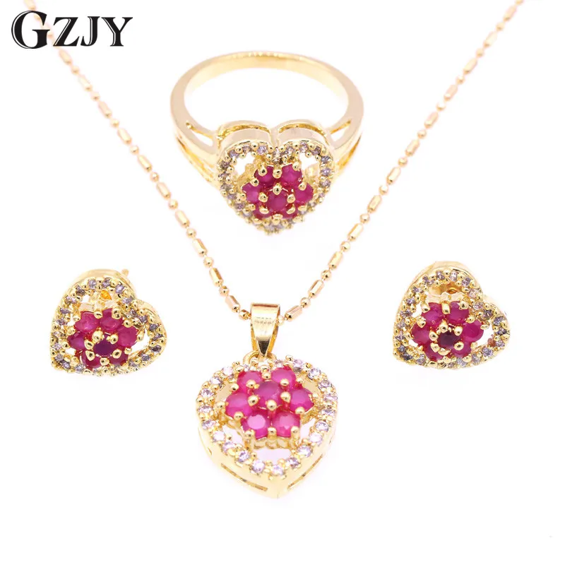 GZJY Fashion Heart-shaped Pendant Earring Ring With Flower Red Stone Zircon Bridal Jewelry Sets For Women boucle d'oreille
GZJY Fashion Heart-shaped Pendant Earring Ring With Flower Red Stone Zircon Bridal Jewelry Sets For Women boucle d'oreille