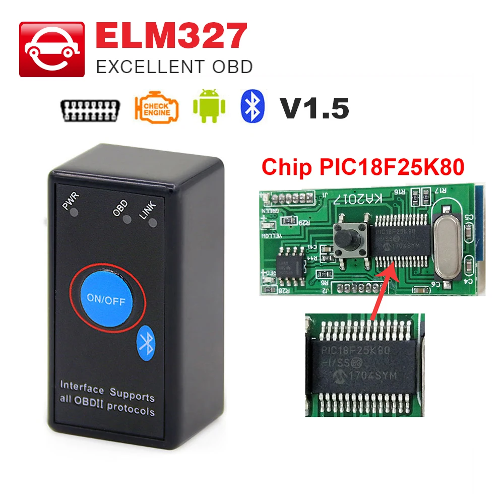 ELM327 V1.5 with PIC18F25K80 chip MINI ELM 327 Bluetooth V1.5 OBD2/OBDII code reader for Android 12V Car diagnostic Auto Scanner
ELM327 V1.5 with PIC18F25K80 chip MINI ELM 327 Bluetooth V1.5 OBD2/OBDII code reader for Android 12V Car diagnostic Auto Scanner