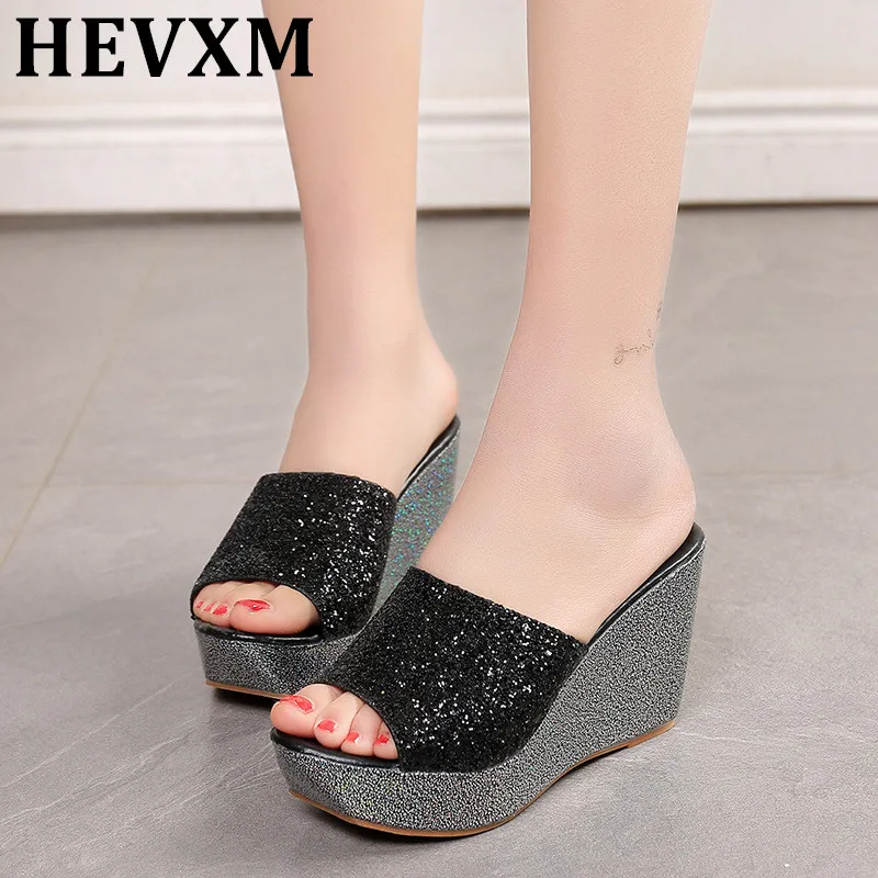 Фото HEVXM Sandals Plataform 2018 Glitter Bling Gold Metallic High Heels Women Slippers Wedge Peep Toe Shoes Summer | Обувь