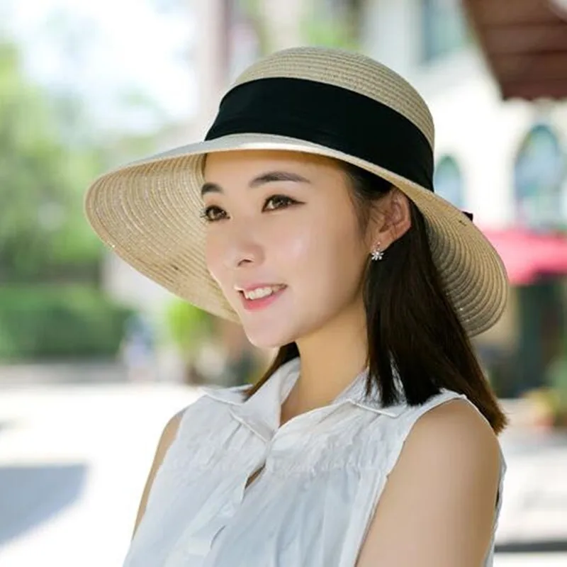 

Hat Female Summer Sun Protection Straw Hats Bowknot Dome Visor Foldable Sun Shade Cap Sunscreen Beach Korean Version Caps H3178