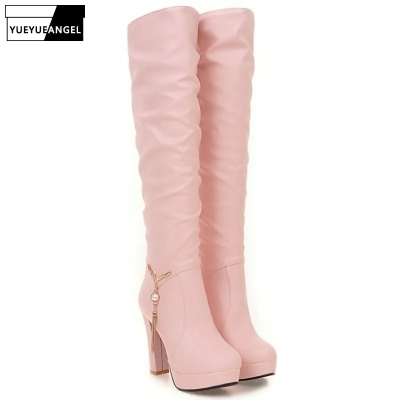 New Arrival Women Shoes Slip On Square Heel Over The Knee Boots Pu Leather For Women High Heel Shoes Chain Decoration Platform
New Arrival Women Shoes Slip On Square Heel Over The Knee Boots Pu Leather For Women High Heel Shoes Chain Decoration Platform