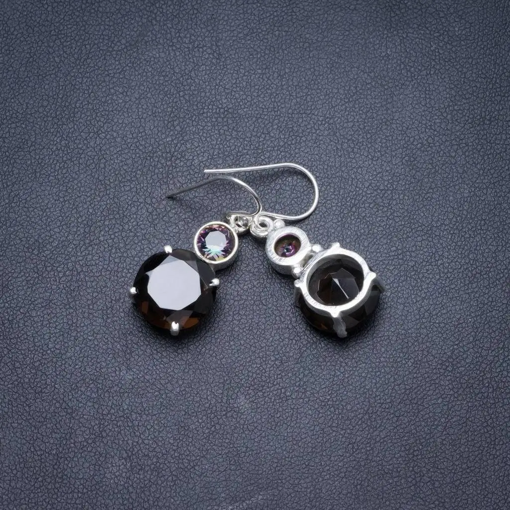 Natural Smoky Quartz and Mystical Topaz Handmade Unique 925 Sterling Silver Earrings 1.25" Y2702