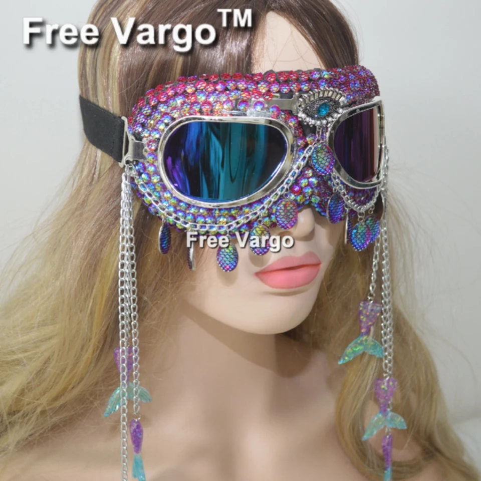 

Holographic Mermaid Scale Rave Streampunk Burning Man Goggle Chain Spike Costume Cyber Goth Goggles Stage Dj Mask For Women