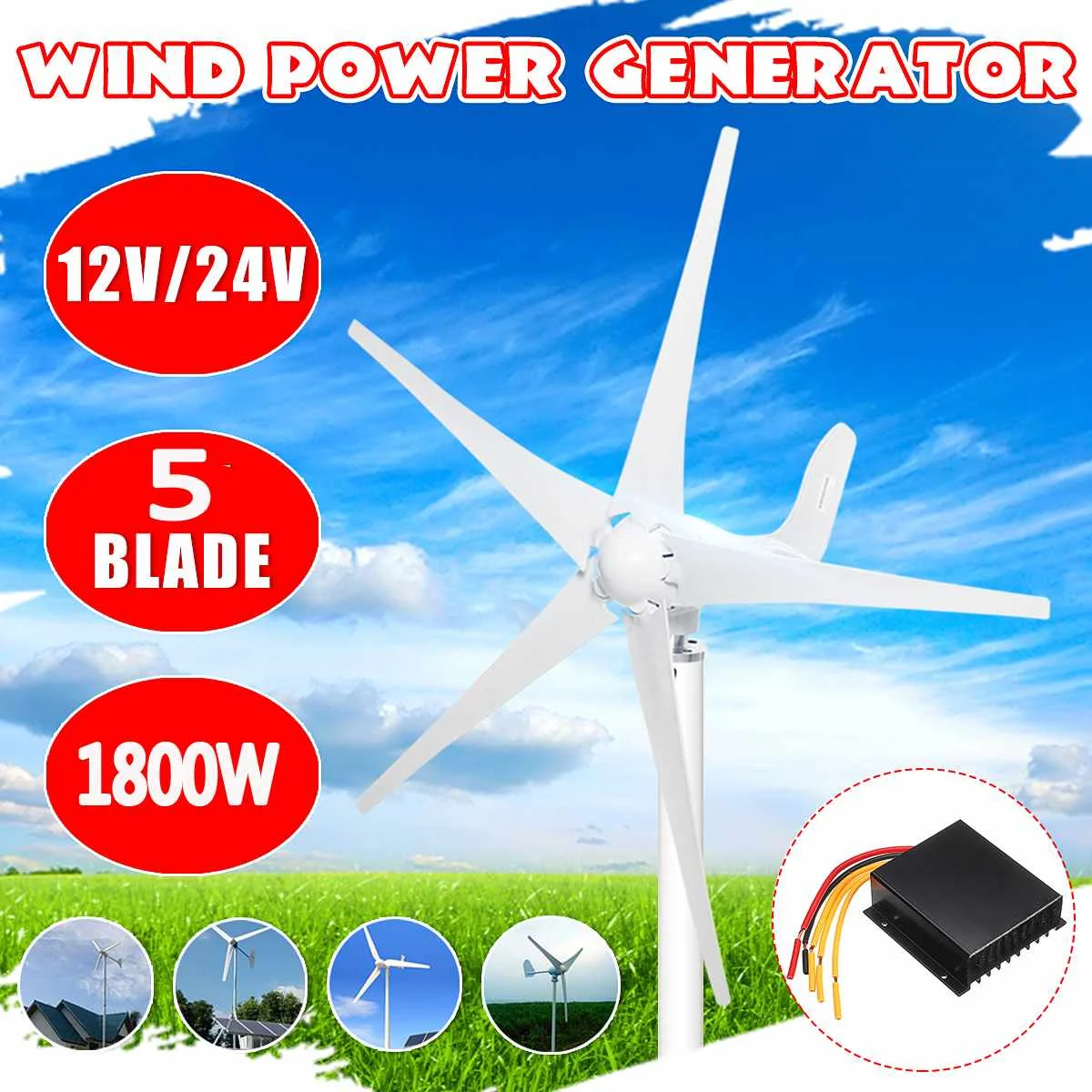 1800W Wind Power Turbines Generator 12V 24V 3/5 Wind Blades Option With Waterproof Charge Controller Fit for Home Or Camping
1800W Wind Power Turbines Generator 12V 24V 3/5 Wind Blades Option With Waterproof Charge Controller Fit for Home Or Camping