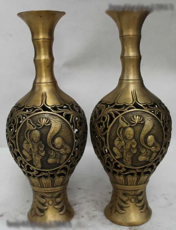 10"Chinese Dynasty Folk Palace Bronze beautiful Two Boy Bottle Vase Statue Pair