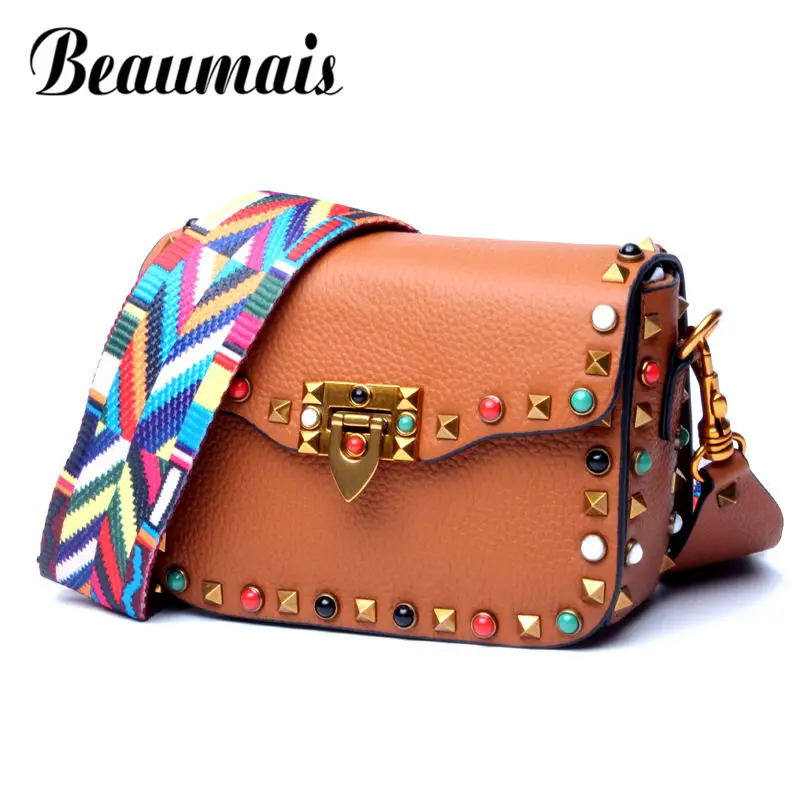 Beaumais Genuine Leather Bag For Women Desainer Style Fashion Colorful Rivet Strap Shoulder Bag Ladies Flad Crossbody Bag DF0136 
Beaumais Genuine Leather Bag For Women Desainer Style Fashion Colorful Rivet Strap Shoulder Bag Ladies Flad Crossbody Bag DF0136