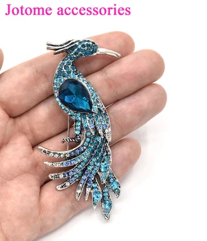 

Teal Blue Feather Peacock Brooch Rhinestone Broach Crystal Wedding Accessories Bridal Brooch bouquet DIY Crafts 3.50 x 1.50 inch