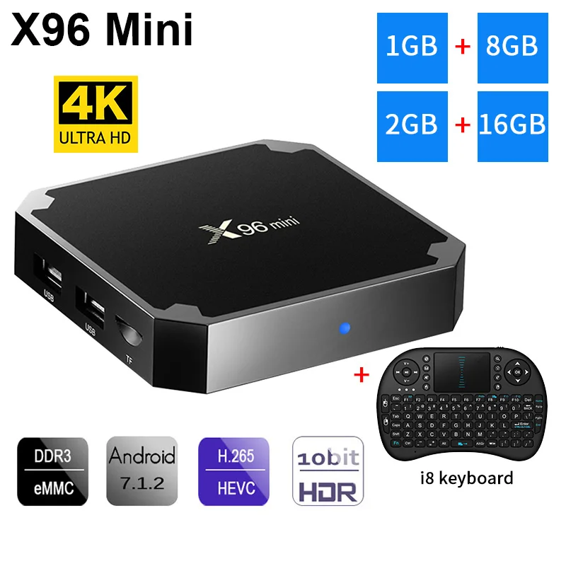 

X96 mini Android 7.1 Smart TV BOX 2GB/16GB Amlogic S905W H.265 4K 2.4GHz WiFi Media Player Set Top Box X96mini with I8 keyboard