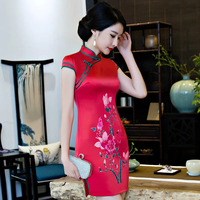 Фото Шелковое платье короткое cheongsam ручная роспись изменение девушка тонкий моды