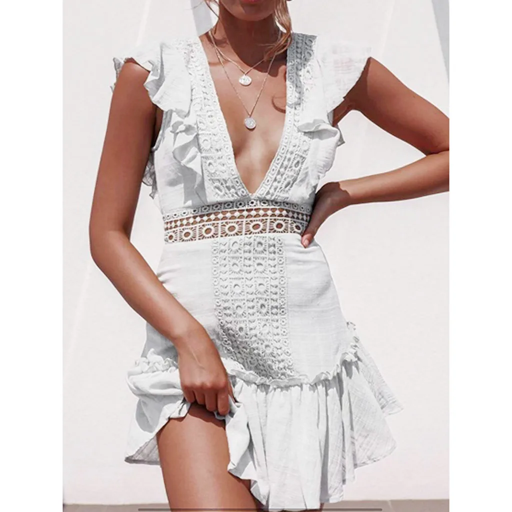 feitong White Ruffles deep V-Neck Hollow Lace dress Women's Boho Summer Empire Sleeveless Open Back Solid Mini Dress Party Dress
feitong White Ruffles deep V-Neck Hollow Lace dress Women's Boho Summer Empire Sleeveless Open Back Solid Mini Dress Party Dress