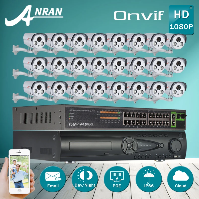 

24CH POE Switch+9TB HDD Onvif 24CH H.264 NVR Security CCTV Camera System 1080P Outdoor HD Array IR IP Network POE Camera