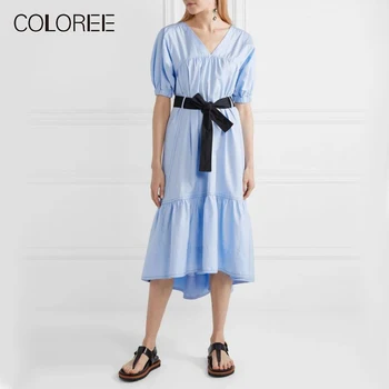 COLOREE High End Designer Midi Dress 2019 Summer Blue/White Simple V-Neck Backless Come With Sashes Puff Sleeve Loose Dress
COLOREE High End Designer Midi Dress 2019 Summer Blue/White Simple V-Neck Backless Come With Sashes Puff Sleeve Loose Dress