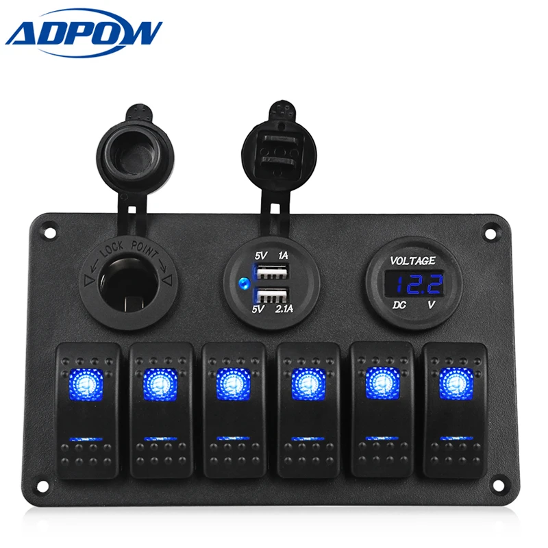 ADPOW 6 Gang Boat Rocker Switch Panel Dual USB Car Charger Voltmeter Auto Boat Marine Cigarette Lighter Led Car Switch Panel 12V
ADPOW 6 Gang Boat Rocker Switch Panel Dual USB Car Charger Voltmeter Auto Boat Marine Cigarette Lighter Led Car Switch Panel 12V