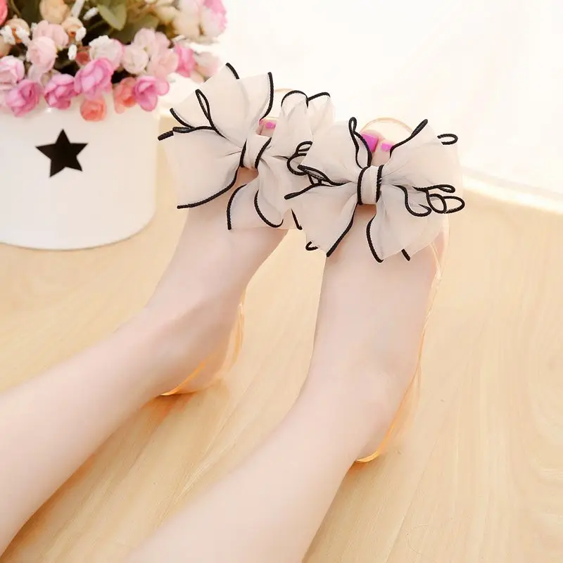 NEW Summer Crystal Beach Sandals Female Bowknot Non- Slip Flowers Transparent Jelly Fish Mouth Plastic Flat Women Sandals Shoes