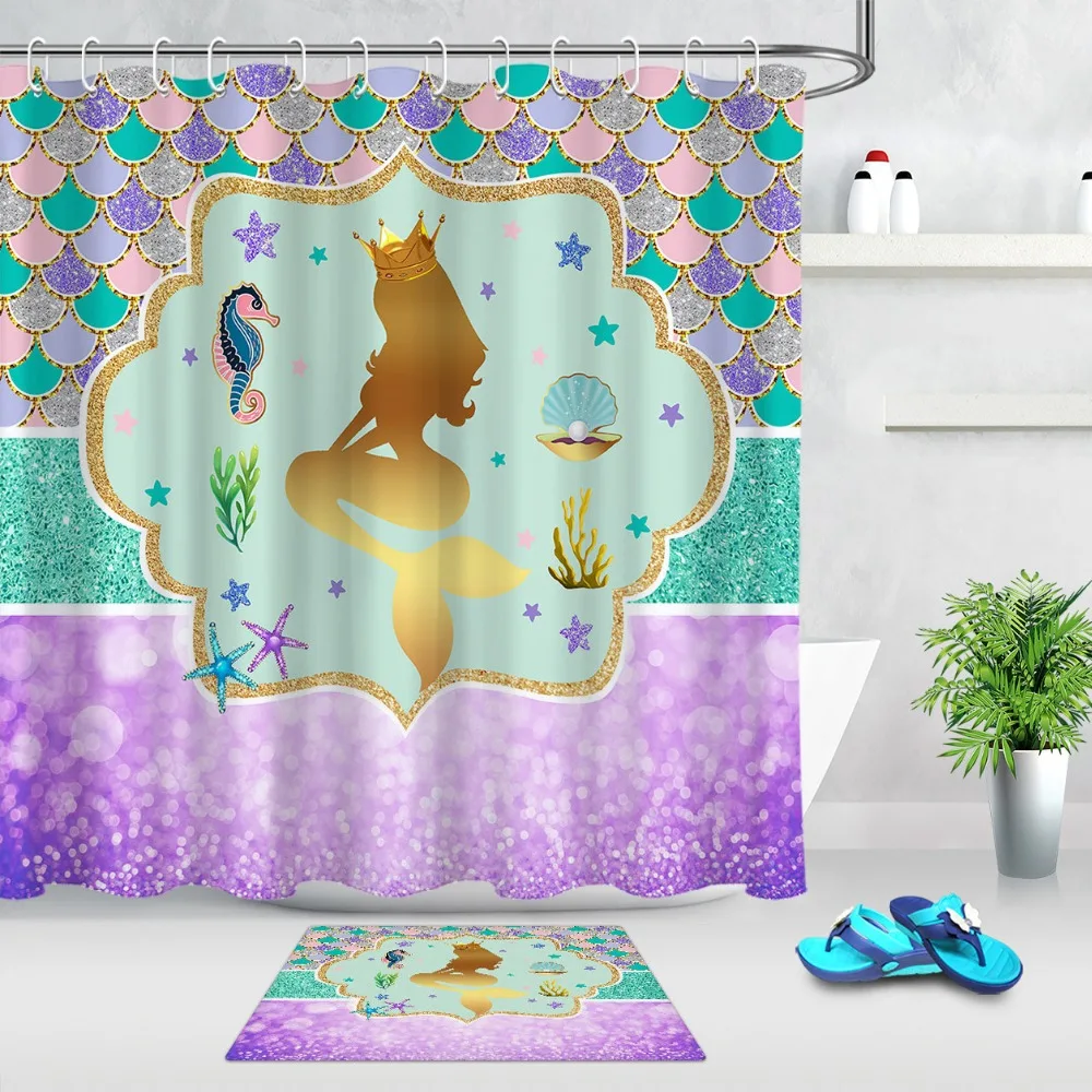 Shell Pearl Cute Seahorse Gold Crown Mermaid Waterproof ECO-Friendcy Bathroom Shower Curtain and Curtains Non-slip Floor Mat Set
Shell Pearl Cute Seahorse Gold Crown Mermaid Waterproof ECO-Friendcy Bathroom Shower Curtain and Curtains Non-slip Floor Mat Set