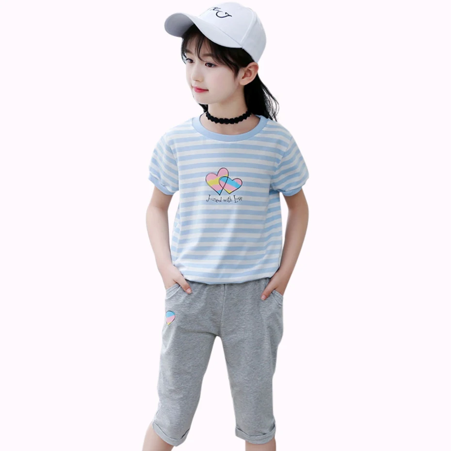 Фото Girls Clothes Set Sports Kids Clothing Print Summer Children's Costume Teen Suit 4 6 8 14 Year Striped Shirt+Pants 2 Pcs | Детская