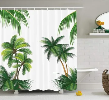 

Tropical Shower Curtain, Coconut Palm Tree Nature Paradise Plants Foliage Leaves Digital Illustration
