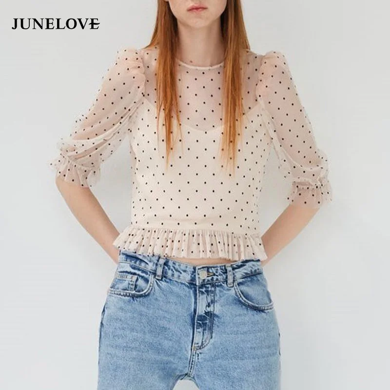 JuneLove Women Half Sleeve Sweet Lace Blouse Shirts Vintage Polka Dot Female Ruffles Blouse Casual Street Wear Lady Short Tops
JuneLove Women Half Sleeve Sweet Lace Blouse Shirts Vintage Polka Dot Female Ruffles Blouse Casual Street Wear Lady Short Tops