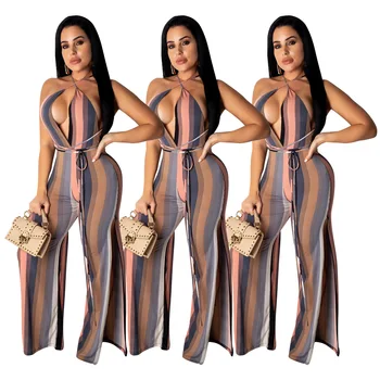 2019 Summer Striped Print Chest Split Sexy Hanging Neck. Full-length Loose Flared Women's Jumpsuit
2019 Summer Striped Print Chest Split Sexy Hanging Neck. Full-length Loose Flared Women's Jumpsuit