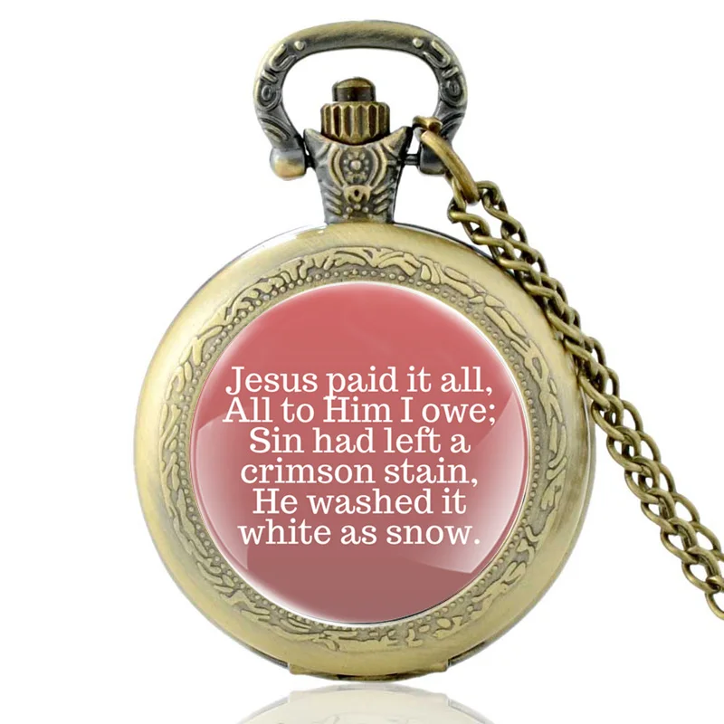 Винтажные бронзовые часы с надписью Jesus Paid It All Bible Verses Cross кварцевые карманные