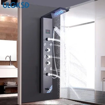 

ULGKSD Temperature Screen LED Rain Waterfall Shower Faucet Set 6 Multi-functional Nozzles Massage SPA Jet Shower Panel Column