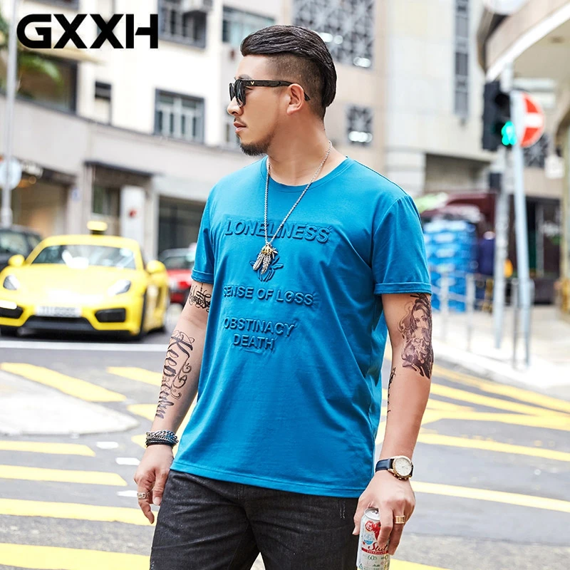 Emboss Letter T-shirt GXXH Men's Short Sleeve Tee Shirt Summer Guy Fat Loose Fit Round Collar Pure Blue Color Man Brand T-shirt
Emboss Letter T-shirt GXXH Men's Short Sleeve Tee Shirt Summer Guy Fat Loose Fit Round Collar Pure Blue Color Man Brand T-shirt