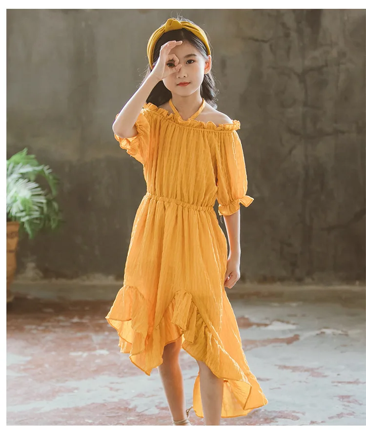 asymmetrical ruffles solid princess dresses girls baby kids chiffon dress short sleeve party dresses for big girls fashion 2018 (13)
