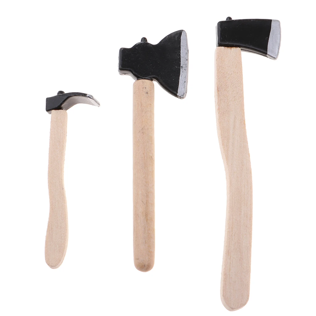 3pcs Wooden Metal Hatchet Axe Set for 1:12 Dollhouse Miniature Fairy Garden Tools