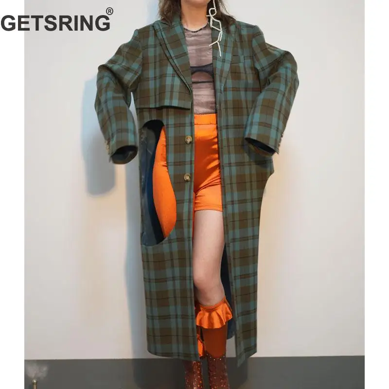 

GETSRING Women Trench Coat Double Collar Single Breasted Plaid Windbreaker Long Sleeve Hollow Out Female Overcoat Irregular Tops