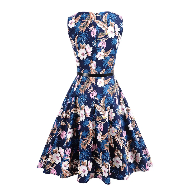 Kostlish Floral Print Summer Dress Women Sleeveless 50s Tunic Vintage Dress With Belt 2017 Elegant Swing Party Dresses Sundress (9)