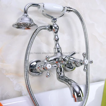 Polished Chrome Dual Cross Handles Bathtub Shower Faucet Wall Mount Bathroom Tub Faucet with Handheld Sprayer Nna200
Polished Chrome Dual Cross Handles Bathtub Shower Faucet Wall Mount Bathroom Tub Faucet with Handheld Sprayer Nna200