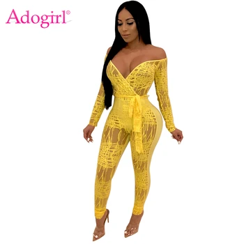Adogirl Solid Lace Fake Sheer Mesh Women Sexy Jumpsuit Wrap V Neck Off Shoulder Long Sleeve Club Party Romper with Belt
Adogirl Solid Lace Fake Sheer Mesh Women Sexy Jumpsuit Wrap V Neck Off Shoulder Long Sleeve Club Party Romper with Belt