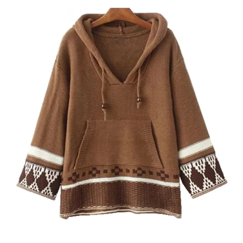 BOHO Geometric Hooded Sweaters Women Long sleeve Pullovers Autumn Winter Knitted Thick Warm hippie chic jumpers | Женская одежда