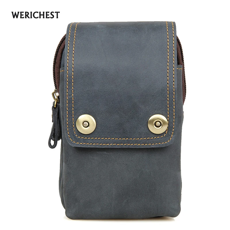 

WERICHEST Brand Waist Packs Genuine Leather Fashion 2017 Waist Bag Mobile Phone Bag For 5.5 inches Fanny Blue and Brown Purse