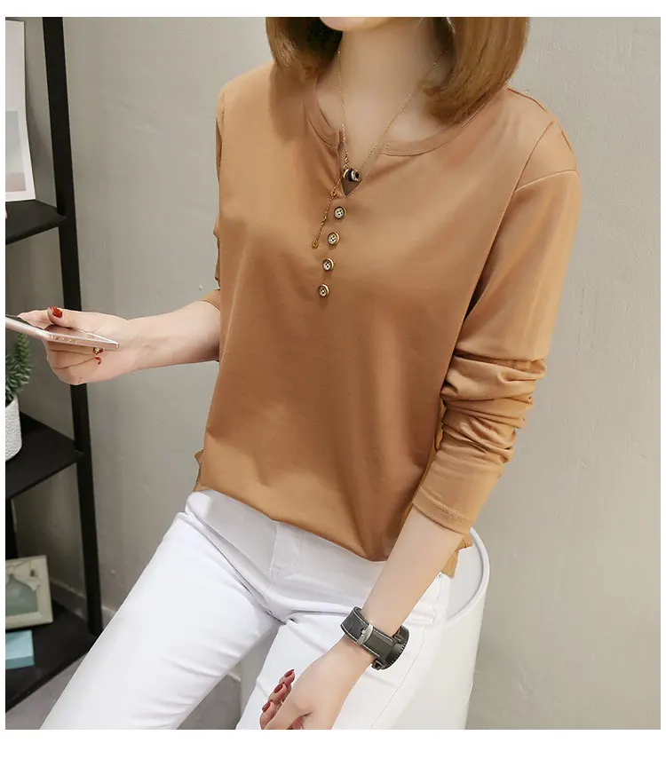 New Womens Tops Tees 2019 Autumn Large Size Tshirt Femme Casual V-neck Long Sleeve Cotton T-shirt Poleras Mujer Tshirts Female (10)