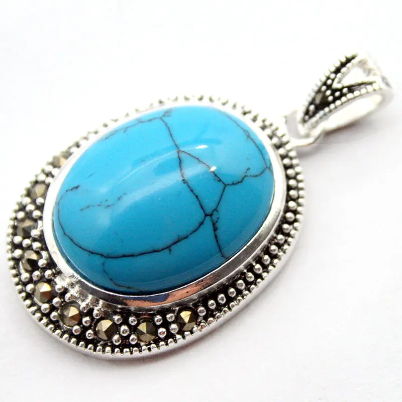 

Lady's Elegant Natural Turquoise oval 30*20mm blue 925 Sterling Silver Marcasite Pendant