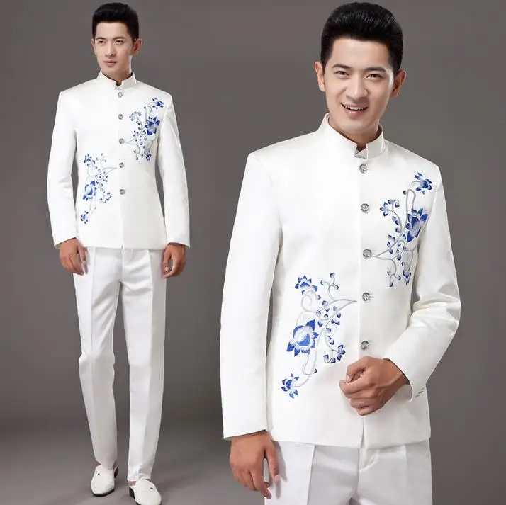 White stand collar porcelain costume slim men chinese tunic suit set with pants mens suits wedding groom formal dress suit +pan
White stand collar porcelain costume slim men chinese tunic suit set with pants mens suits wedding groom formal dress suit +pan