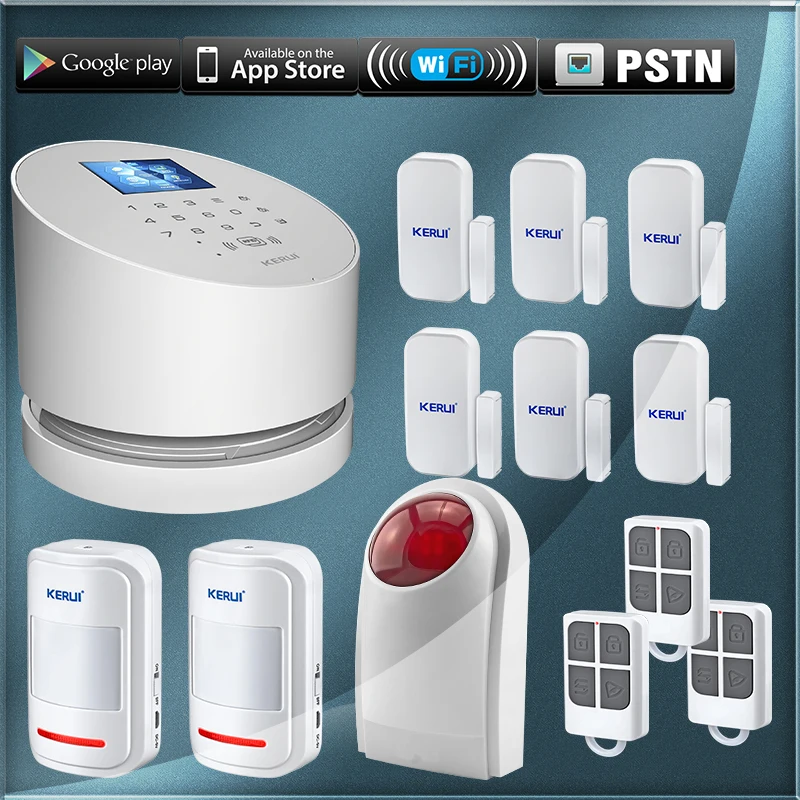 

KERUI IOS&Android App control WIFI GSM PSTN home security alarm system W2 with PIR motion detector and loud voice strobe siren