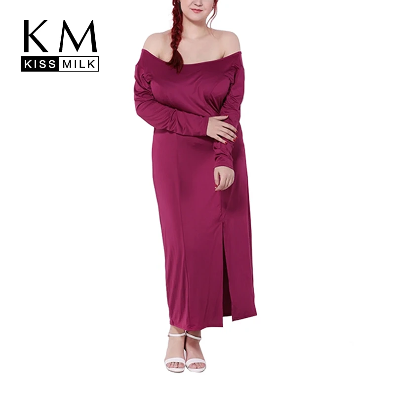 

Kissmilk New Plus Size Sexy Women Shift Dress Solid Purple Slash Neck Split Long Sleeve Backless US14 US16 US18 US20