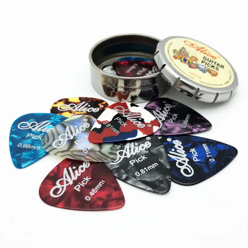 12 Assorted Celluloid Guitar Picks Plectrums In A Metal Storage Tin Ukulele