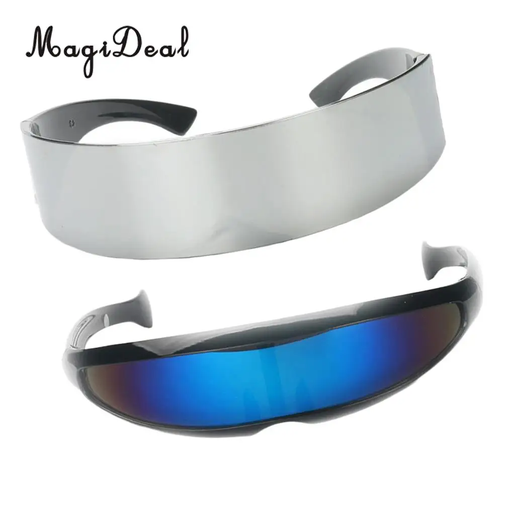 MagiDeal 2 Pieces Stylish Narrow Blue Metallic Silver Outer Space Robot Alien Eyeglasses Shade Eyewear Future Soldier Sunglasses