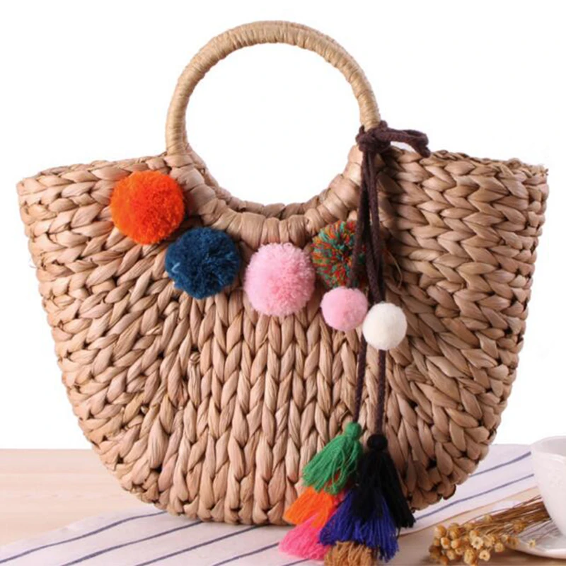 Women Large Capacity Handle Bags Summer Style Beach Straw Woven Tote Bag Round Handle Reusable Shopping Bag Plush Ball Scarves
Women Large Capacity Handle Bags Summer Style Beach Straw Woven Tote Bag Round Handle Reusable Shopping Bag Plush Ball Scarves
