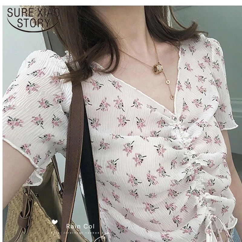 Мода 2019 рубашка Топ плиссированная свободная Цветочная тонкая секция drawstring